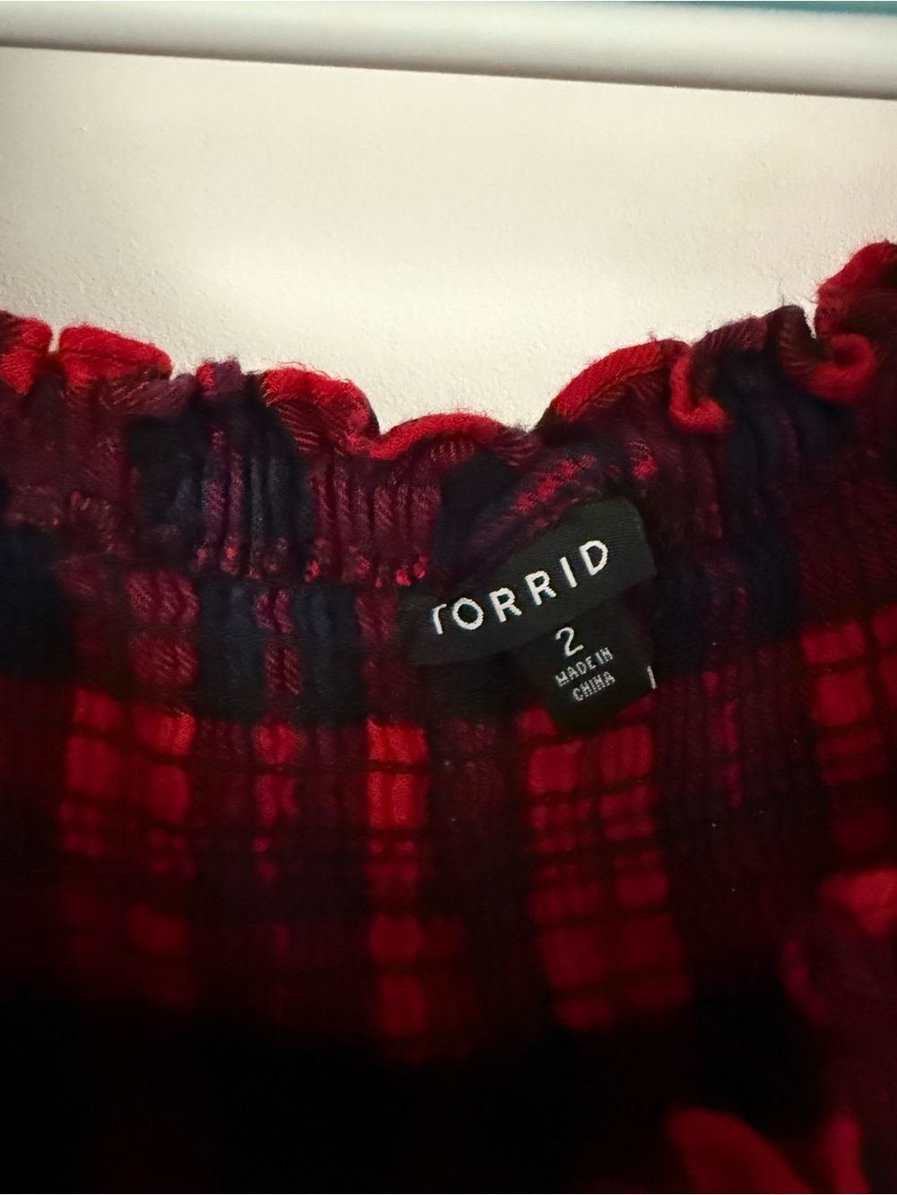 Torrid Red & Navy Plaid Women’s Peasant Top - Picture 2 of 2